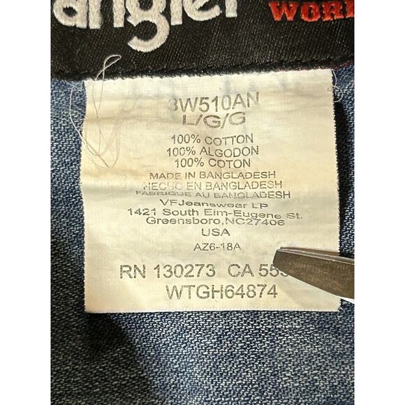 Wrangler Jean Jacket Mens Large Riggs Workwear Button Up Long Sleeve Denim Blue - Picture 6 of 10